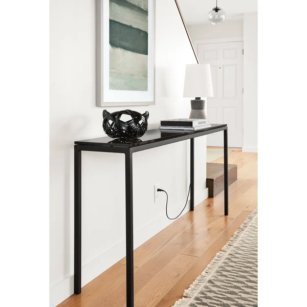 Room & Board, Modern Parsons 54W 18d 29h Console Table w/ 1x22 Leg, Smoke Tempered Glass Top w/ Natural Steel Base