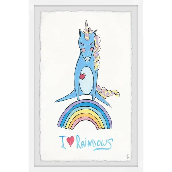 Marmont Hill Playful Rainbow Unicorn Framed Wall Art, Size: 12 inch x 8 inch