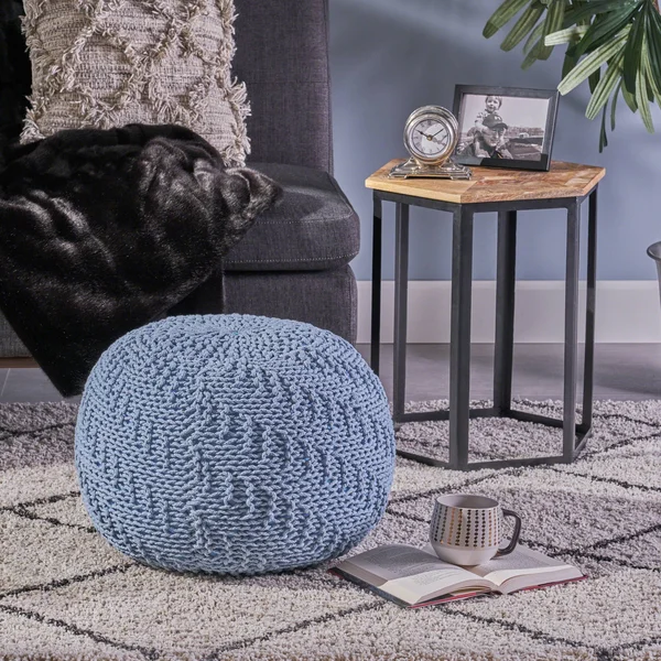 Beryl Knitted Cotton Pouf Teal