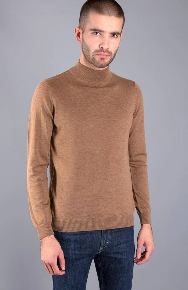 Mens 100% Extra Fine Merino Wool Mock Neck Jumper - Camel, XXL