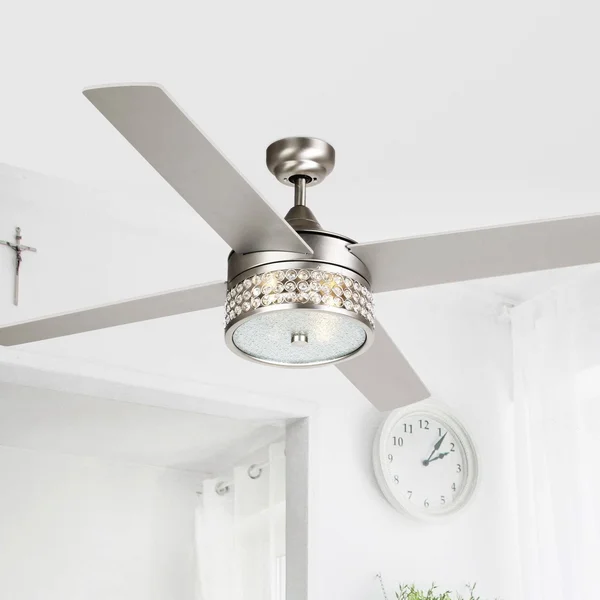 52-Inch Reversible 4-Blade Crystal Ceiling Fan with Remote - N/A - Stain Nickel