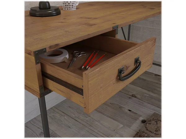 Kathy Ireland Home by Bush Furniture Ironworks 60W L Shaped Writing Desk with 2 Drawer Lateral File Cabinet - Vintage Golden Pine