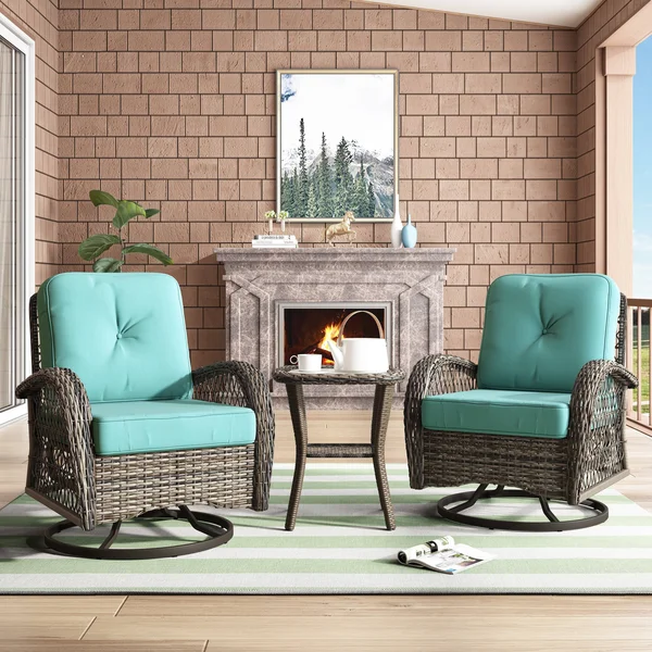 Corvus Livorno Outdoor 3-Piece Wicker Chat Set with Swivel Chairs - Blue