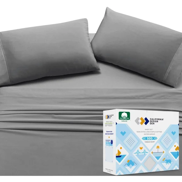 California Design den Full Size Cotton Bed Sheets - 4 Piece 500 Thread Count Bedding Set, Dark Gray Solid Color, 100% Extra Long