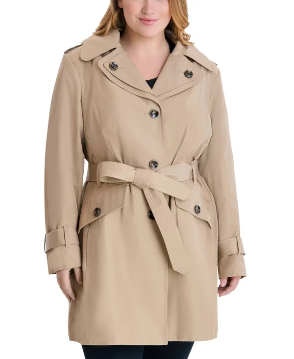London Fog Plus Size Hooded Belted Water-Resistant Trench Coat, Created for Macy&s - British Khaki