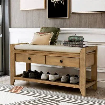 Shoe Rack with Cushioned Seat and Drawers - Multipurpose Entryway Storage Bench, Gray Wash Longshore Tides Color/Pattern: Light B