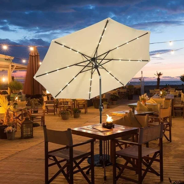 Costway 10& Solar LED Lighted Patio Market Umbrella Shade Tilt Adjustment Crank-Burgundy