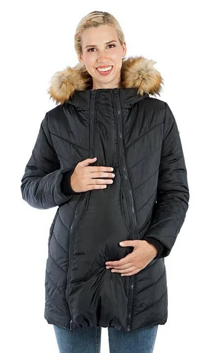 Women's Modern Eternity Faux Fur Trim Convertible Puffer 3-in-1 Maternity Jacket - Size Medium - Blue