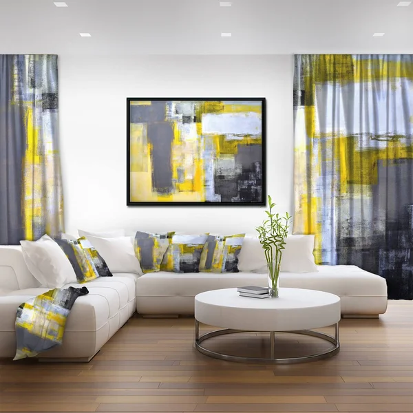 Designart Grey and Yellow Blur Abstract- Abstract Framed Canvas Art Print in Gold, FL6269-46-36-GD