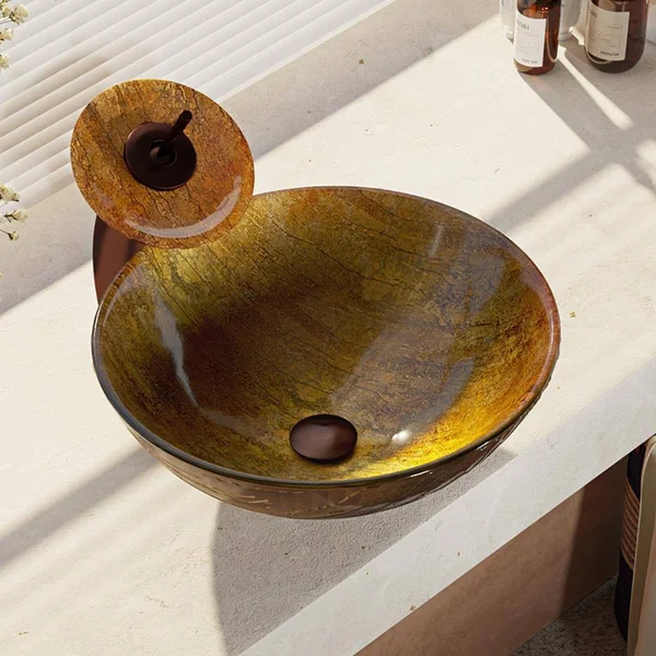 Rene R5-5030-WF-ORB Glass Vessel Bathroom Sink with Oil Rubbed Bronze Waterfall Faucet - Sink Ring, and Vessel Pop-Up Drain