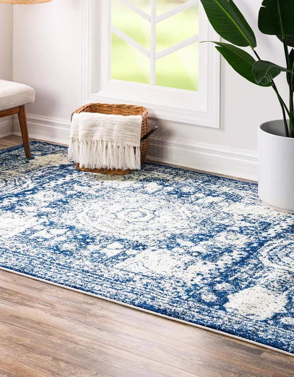 Rugs.com Dover Collection Rug 9& x 12& Navy Blue Low-Pile Rug Perfect for Livi