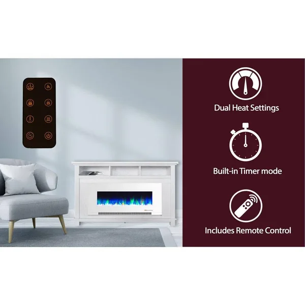 Cambridge San Jose Fireplace Entertainment Stand in White with 50 inch Color-Changing Fireplace Insert and Crystal Rock Display