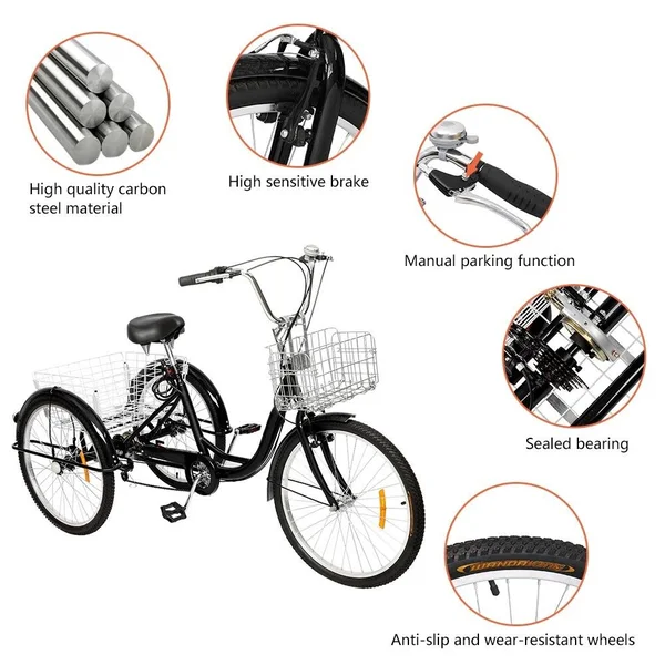 Adult Tricycle 26x22 Wheels - 7 Speed Men's Women's Bike - Black