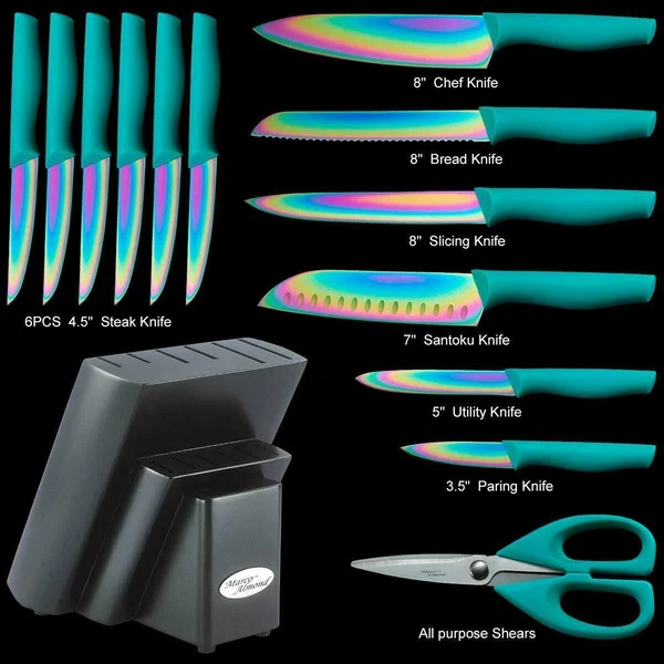 Dishwasher Safe Rainbow Titanium Cutlery Knife Set, Marco Almond Kya27 Kitchen Knives Set with Wooden Block, Rainbow Titanium