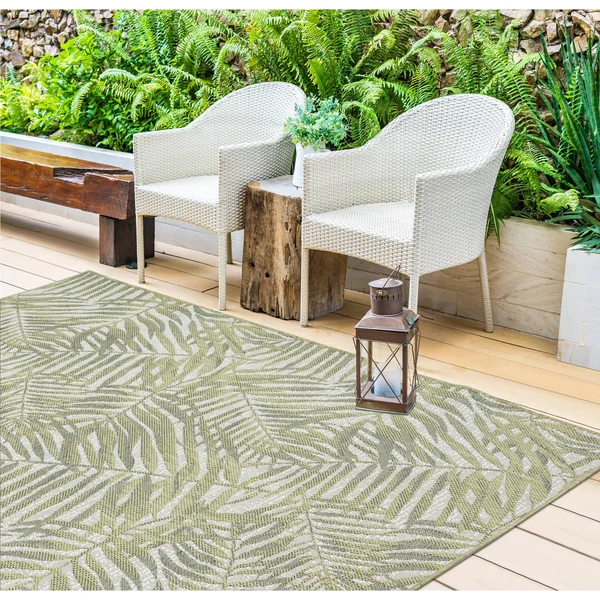 Indoor/Outdoor Palmiero Tropical Palm Leaves Area Rug - Sand - 5&3x22 x 7&7x22