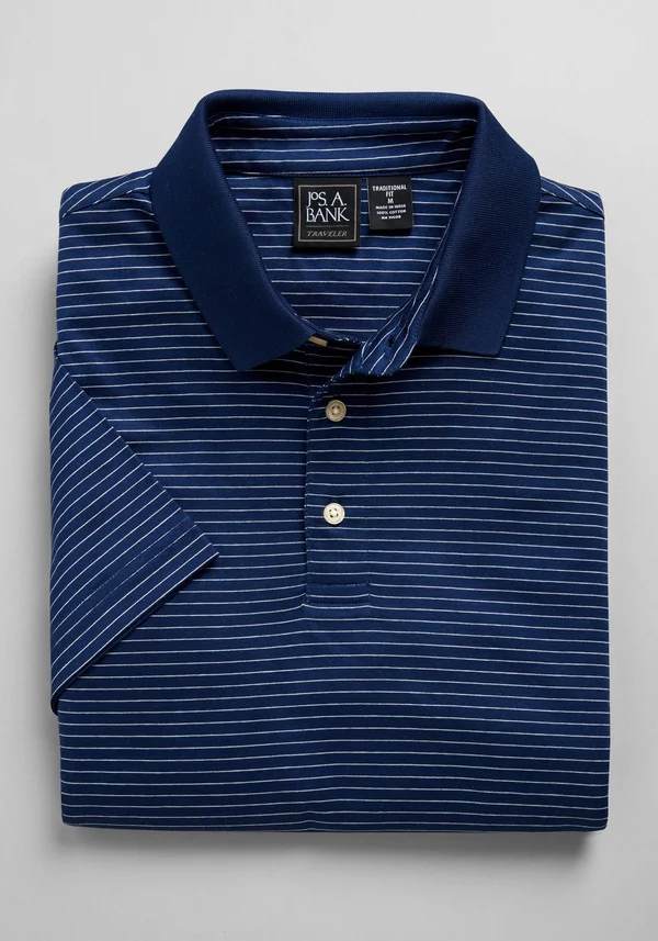 JoS. A. Bank Men's Traveler Collection Traditional Fit Stripe Short-Sleeve Polo Shirt, Navy, x Large