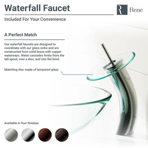 Rene R5-5030-WF-ORB Glass Vessel Bathroom Sink with Oil Rubbed Bronze Waterfall Faucet - Sink Ring, and Vessel Pop-Up Drain