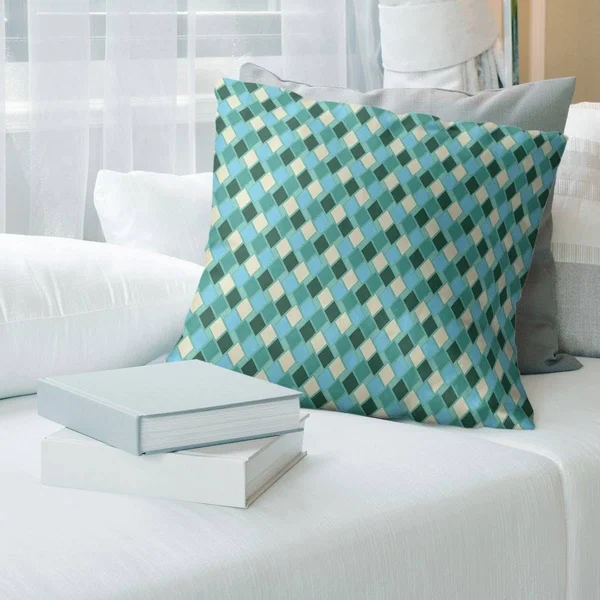 Retro Diamonds Throw Pillow - 16 x 16 - Green & Teal - Linen