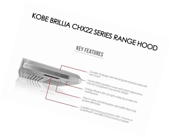 Kobe CHX2236SQB-1 Brillia 36-Inch Under Cabinet Range Hood - 3-Speed, 680 CFM, LED