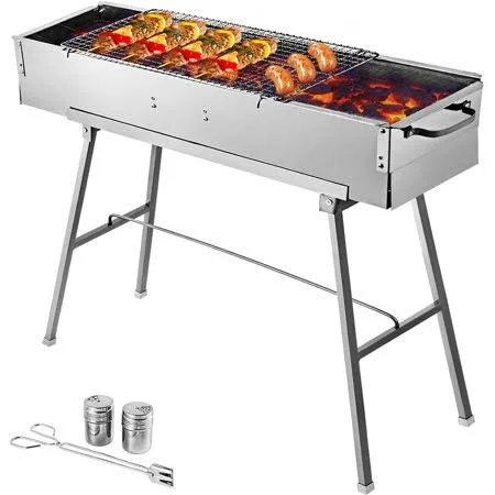 Vevor Folded Portable Charcoal BBQ Grill - 34x8 Inches Outdoor Barbecue Camping Grill, Stainless Steel Kebab Grill, Folding Grill
