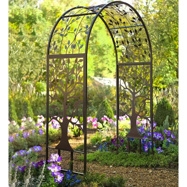 Metal Garden Arbor with Tree of Life Design - Green