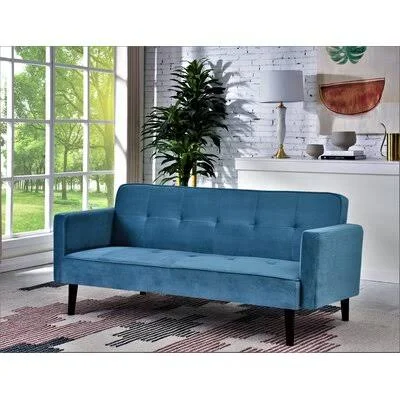 Campton 72&& Wide Velvet Tufted Back Convertible Sofa Wade Logan Fabric: Sky Blue Velvet