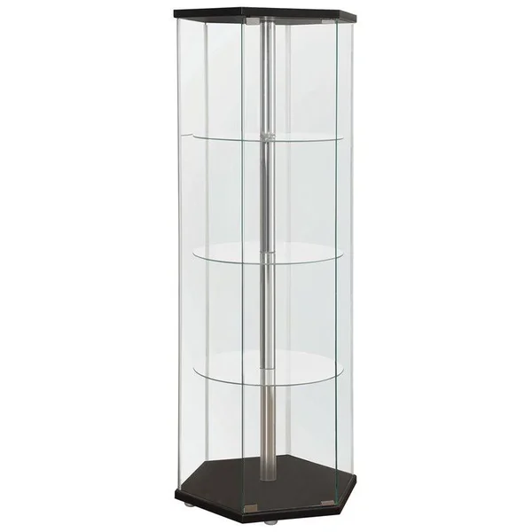 Bowery Hill Glass Hexagonal Curio Cabinet in Black and Chrome