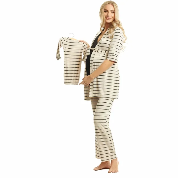 Analise 5-Piece Mom and Baby Maternity and Nursing PJ Set in Sand Stripe