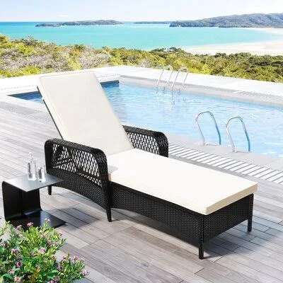 Go Outdoor Patio Pool PE Rattan Wicker Chair Wicker Sun Lounger - Adjustable backrest, Beige CUSHION, Black Wiker Red Barrel Stud