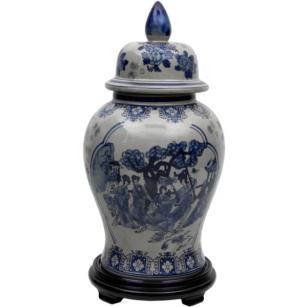 Oriental Furniture 18x22 Ladies Blue & White Porcelain Temple Jar