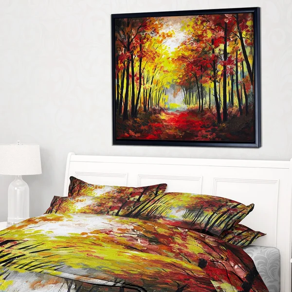 Designart ' Walk Through Autumn Forest ' Landscape Art Print Framed Canvas - Size: 42 inch x 32 inch