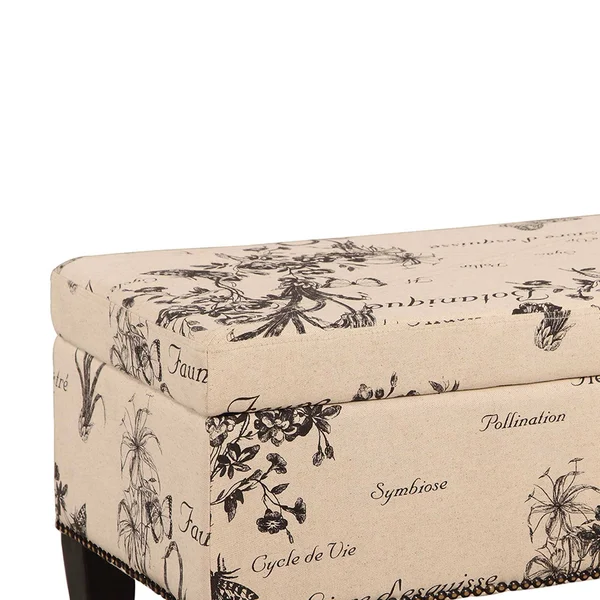 Fabric Upholstered Wooden Ottoman with Botanical Print Beige and Black