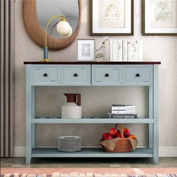 Solid Wood Console Table with Two Shelfs and Drawers for Home - Brown