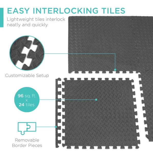 Best Choice Products 96 Sq. ft. Puzzle Exercise Mat, 24-Piece 2x2ft Eva Foam Interlocking Tiles, 3/8in Thick - Gray