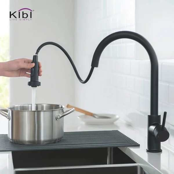 KIBI Brass Pull Down Kitchen Faucet with Sprayer & Soap Dispenser Brushed Nickel