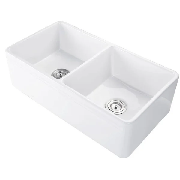 Ember Hearth 33 in. Farmhouse Kitchen Sink White Polish Ceramic Undermount Double Bowl - Size: 33.5 inch x 17.5 X10 inch