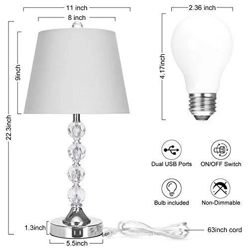 Bedside Crystal Table Lamps Set of 2 with Dual USB Charging Ports, Boncoo Modern