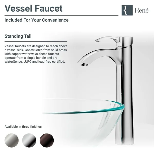 Rene R5-5007-R9-7006-ABR Foil Undertone Glass Vessel Sink with Antique Bronze Vessel Faucet - Sink Ring, and Vessel Pop-Up Drain
