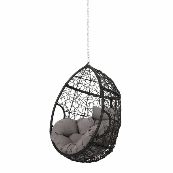 Noble House Autry Wicker Rattan Hanging Chair with Cushion - Gray/Black
