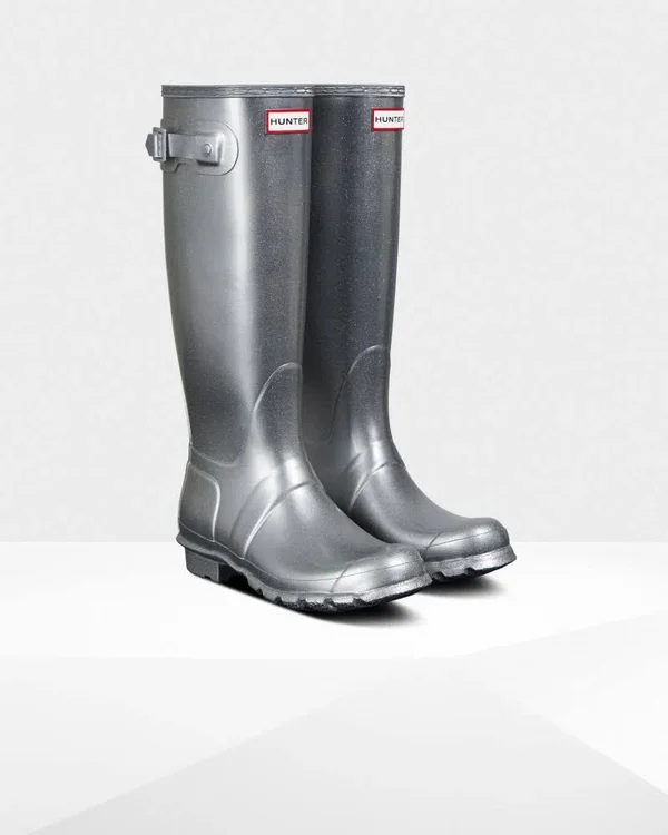 Women's Original Tall Cosmic Glitter Rain Boots Silver, US 7