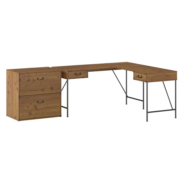 Kathy Ireland Home by Bush Furniture Ironworks 60W L Shaped Writing Desk with 2 Drawer Lateral File Cabinet - Vintage Golden Pine