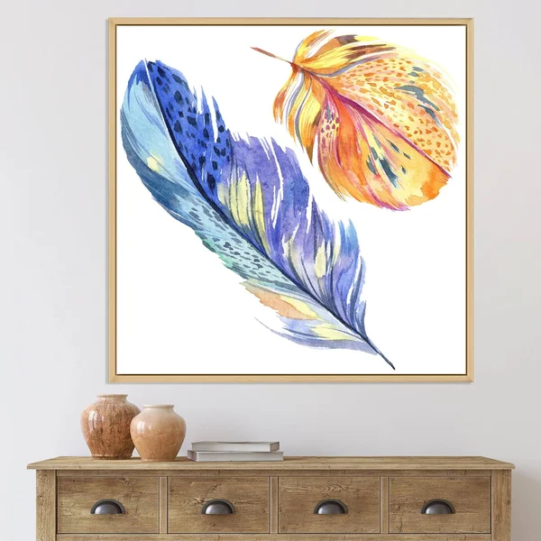 Designart &Colorful Blue Bird Feather from Wing& Bohemian & Eclectic Framed Canvas Wall Art Print - 30 in. Wide x 30 in. Hig