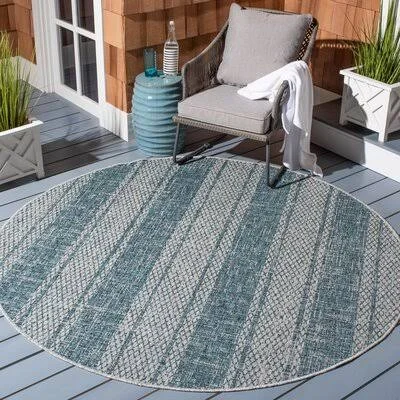 Myers Striped Light Gray/Teal Indoor - Outdoor Area Rug Mistana Rug Size: Round 5&3x22