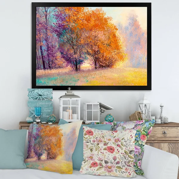 Designart 'Autumn Forest Orange Leaves Original Landscape' Lake House Framed Art Print - 20 in. Wide x 12 in. High - Black