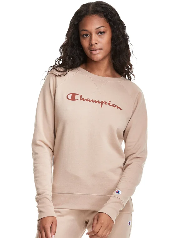 Champion Women's Athletics Powerblend Fleece Classic Crew, Script Logo Warm Cinnamon Brown Xs