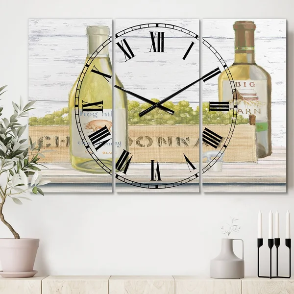 Designart 'White Chardonnay Wine Bottles' Farmhouse Wall Clock, Size: 28 inch x 36 inch, Yellow
