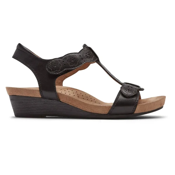 Cobb Hill Women's Hollywood T-Strap Wedge Sandal Black Leather 6
