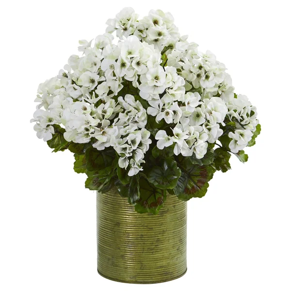 Nearly Natural Geranium Artificial Plant in Metal Planter UV Resistant (Indoor/Outdoor) White
