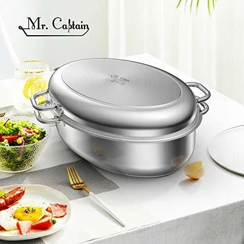Mr Captain Roasting Pan with Rack and Lid 8.5 Quart - 18/10 Stainless Steel Multi-Use Oval Roaster, Induction Compatible Dishwasher