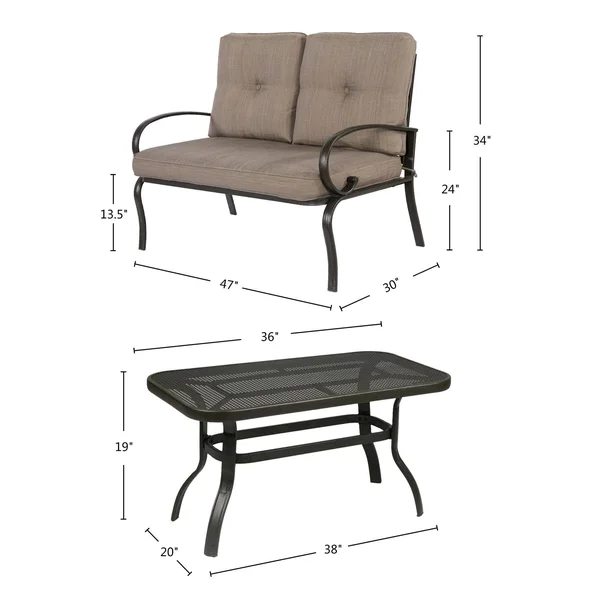 Cloud Mountain 2 Piece Outdoor Loveseat Furniture Bistro Set Garden Patio Metal Coffee Table Bench Sofa with Cushions - Gradient